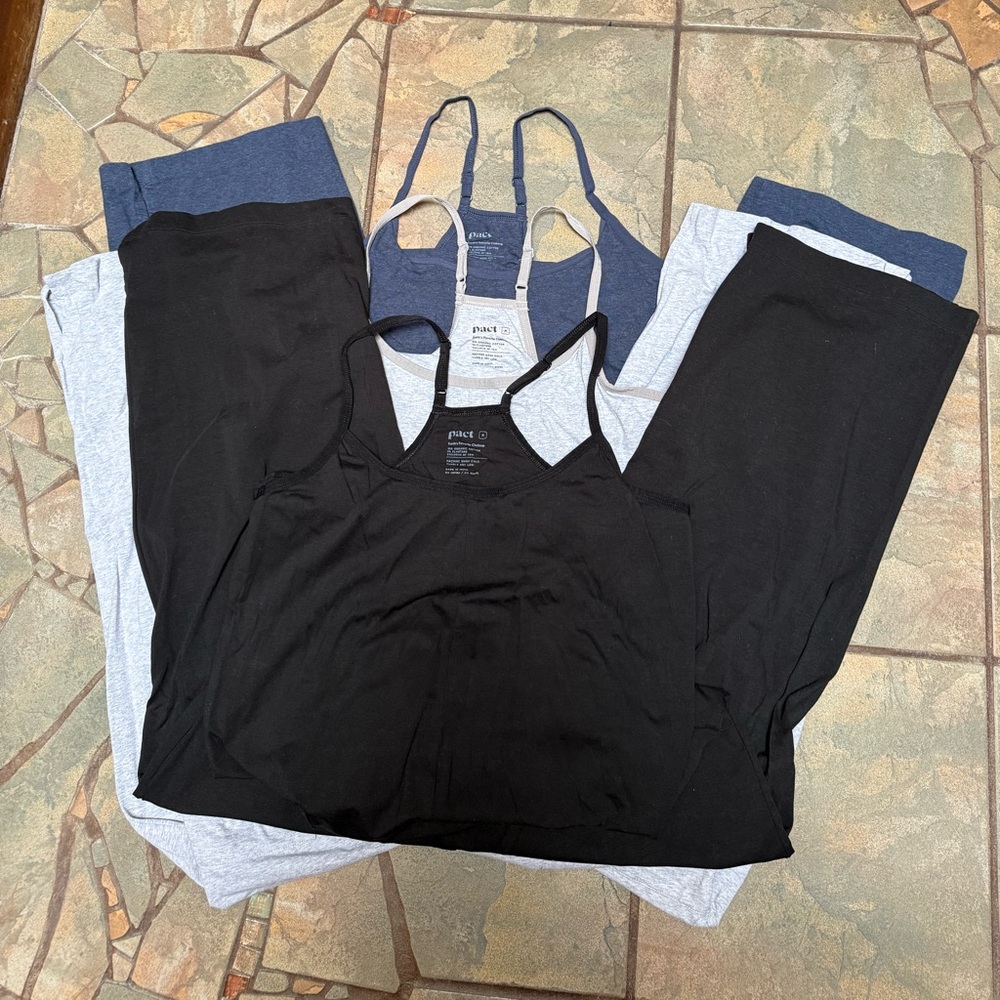 Set of 3 Pact lounge jumpsuits w/built in bralette. Size M EUC! App.23.5” inseam